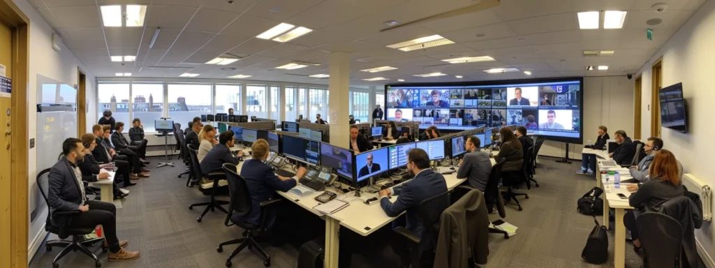 A bustling office in st albans showcases a diverse team of professionals engaged in a dynamic discussion around a large screen displaying impressive system performance metrics, highlighting the transformative benefits of effective it support services.