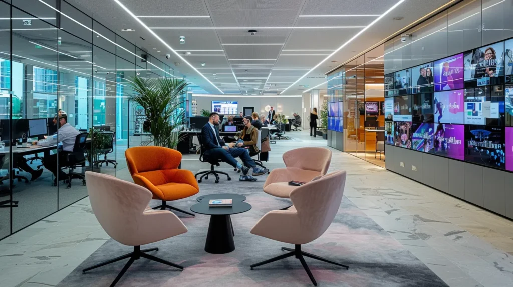 A contemporary office space showcases a dynamic team engaging in a strategic meeting, surrounded by digital displays reflecting data analytics and it solutions, symbolising the transformative impact of reliable it support on small business growth.
