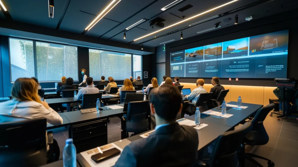A dynamic, modern office training room filled with attentive employees engaging with interactive cybersecurity training materials on sleek screens, illuminated by focused, warm lighting.