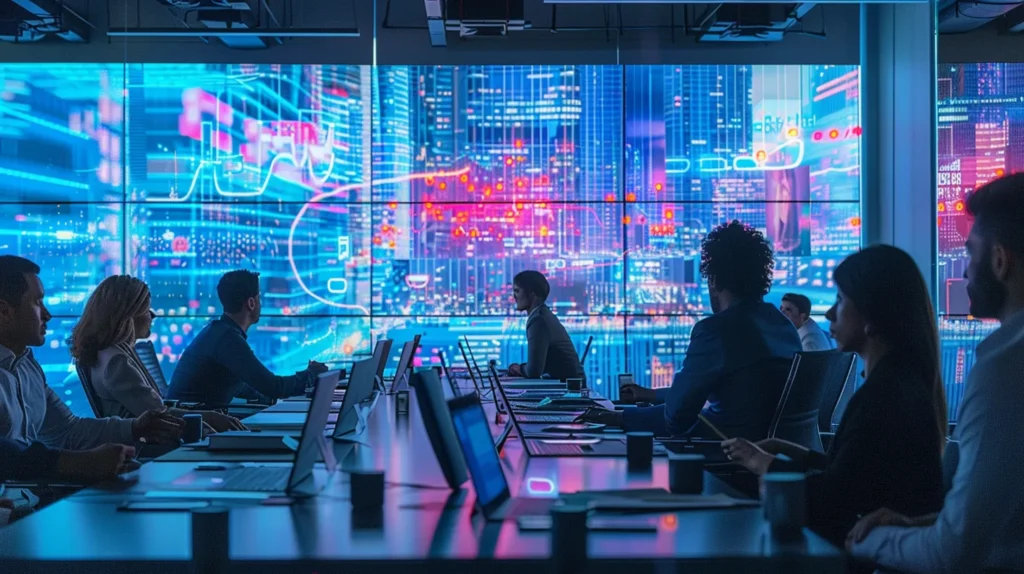 A dynamic office environment showcases engaged employees participating in an interactive cybersecurity training session, with vivid presentations highlighting common cyber threats projected on a large screen, fostering an atmosphere of learning and vigilance.