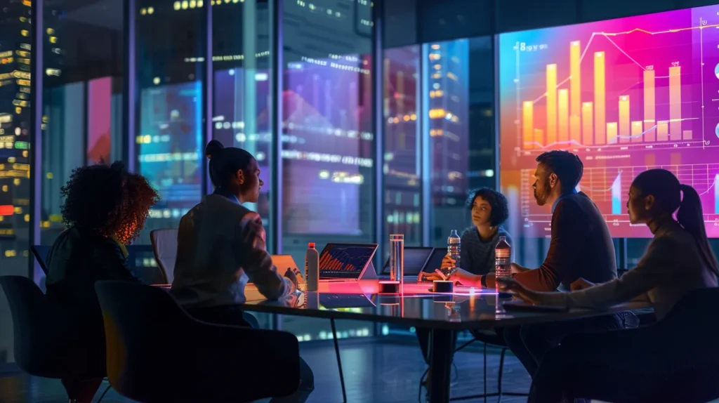 A dynamic office environment showcases a diverse team collaborating around a sleek conference table, vibrant displays of colour-coded data charts and digital backup solutions illuminating their strategic discussion on effective data management and compliance.