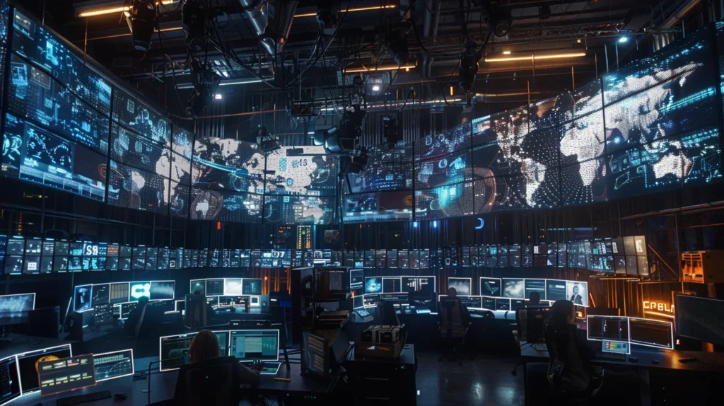 A dynamic office environment showcases a diverse team engaging in a strategic discussion about cloud adoption, surrounded by digital screens displaying complex data and cloud architecture, highlighting the challenges and innovations that small businesses face in the digital transformation process.