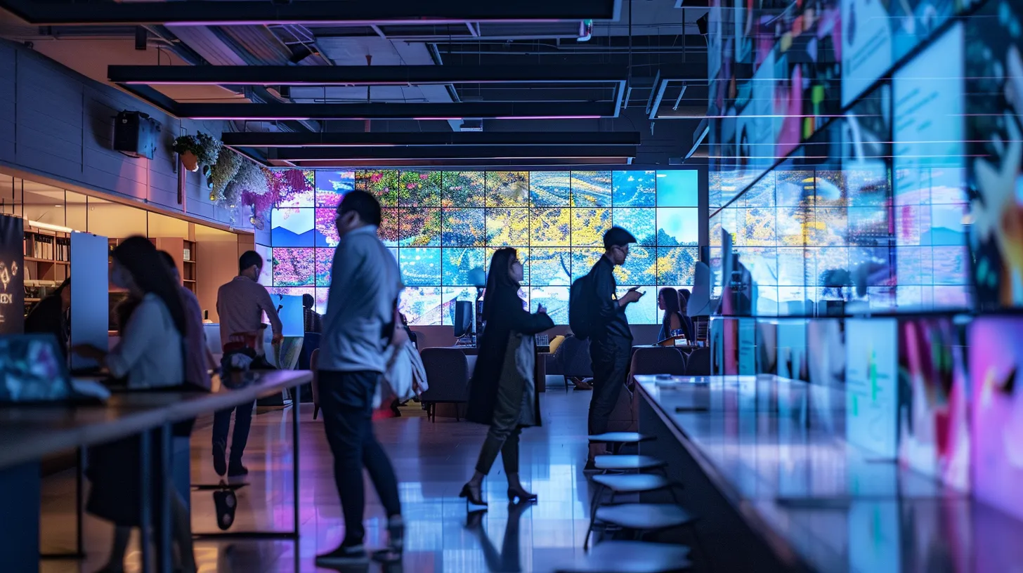 A dynamic office space filled with diverse professionals collaborating around high-tech devices, illuminated by vibrant screens showcasing cloud computing data, symbolising the transformative impact of technology on small businesses.