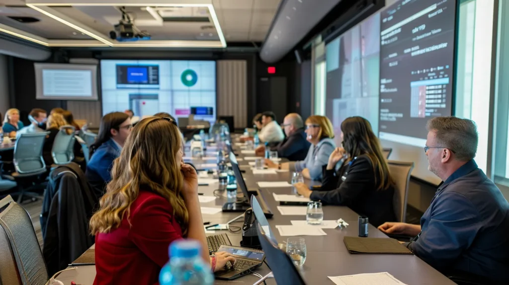 a focused group of business professionals engaged in an interactive cybersecurity training session, surrounded by high-tech screens displaying data and security protocols in a sleek, modern conference room.