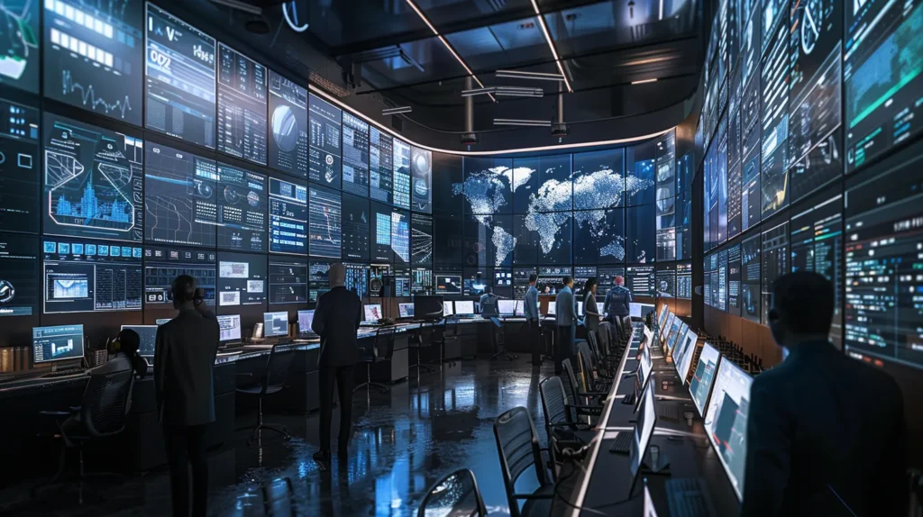 A focused office environment depicts a diverse team engaging in a cybersecurity risk assessment meeting, with digital displays showcasing network vulnerabilities and security protocols, emphasising the importance of a security-minded culture.