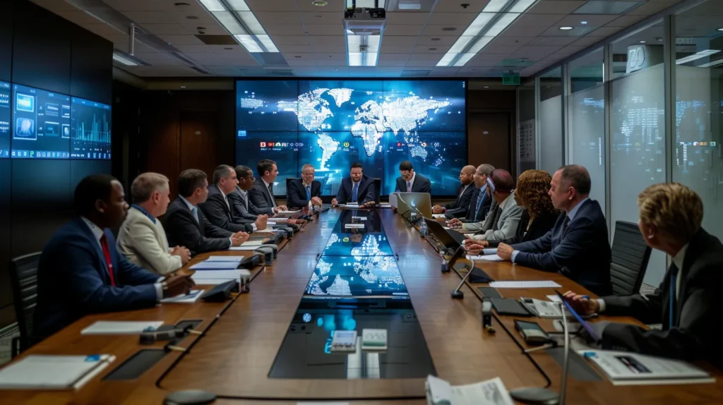 A focused office setting features a diverse group of professionals engaged in a lively discussion around a sleek conference table, with digital screens prominently displaying cybersecurity metrics and strategic plans, highlighting the collaborative effort to enhance small business cyber resilience.