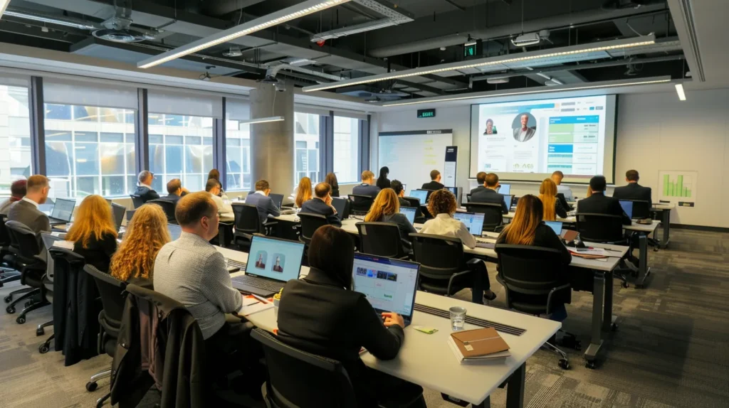 A focused training session in a modern office, featuring employees attentively engaging with interactive data backup tools displayed on sleek computer screens, illuminated by bright overhead lighting and supported by a digital presentation on a large screen, emphasising the importance of data security.