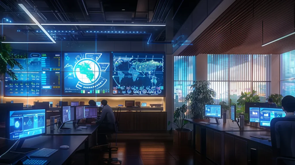 A futuristic office space with sleek, modern workstations featuring large screens displaying vibrant analytics dashboards, where professionals engage in interactive discussions about cloud technologies to enhance customer experiences.