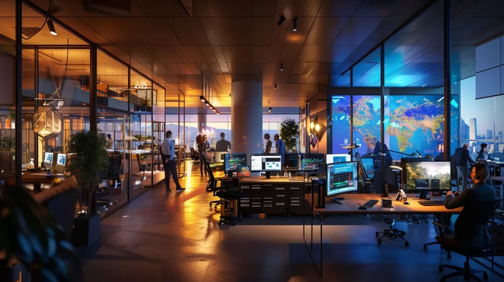 A modern office bustling with activity, showcasing engaged professionals collaborating over a digital interface, with screens displaying cybersecurity metrics and it support dashboards, emphasising the critical role of managed it solutions in driving small business growth and efficiency.