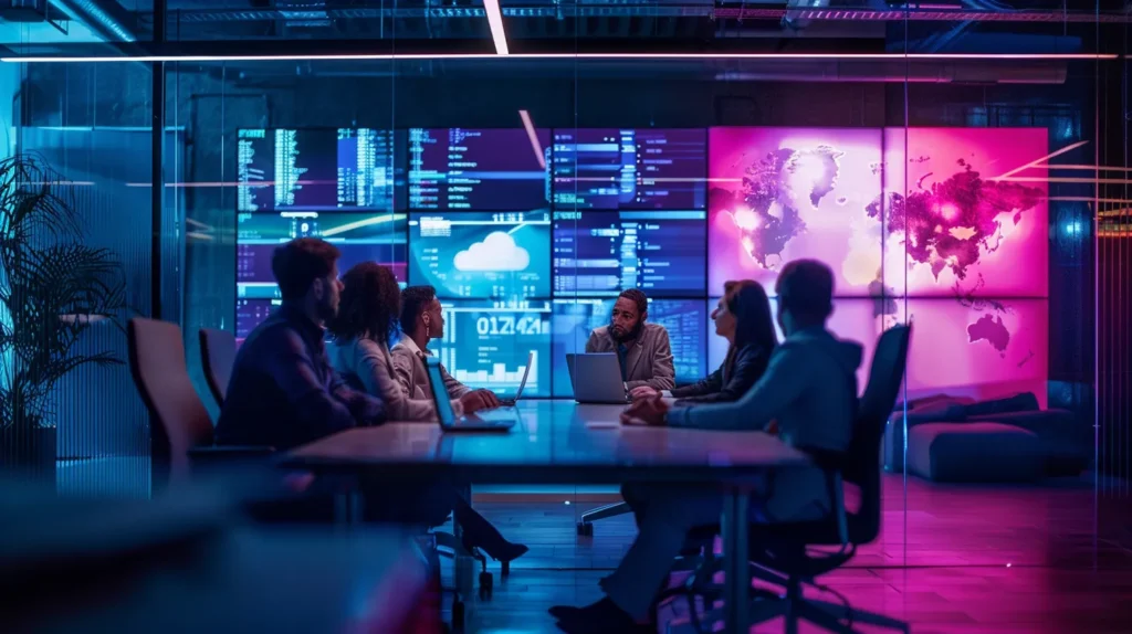 A modern office environment showcases a diverse team collaborating around a sleek conference table, illuminated by vibrant led screens displaying cloud computing data analytics, symbolising the transformative power of cloud technology for small businesses.