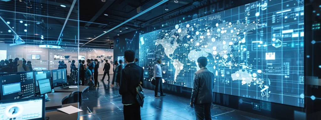 A modern office environment bustling with focused professionals engaged in cybersecurity discussions, surrounded by advanced technology and digital displays that showcase it support services and data protection strategies.