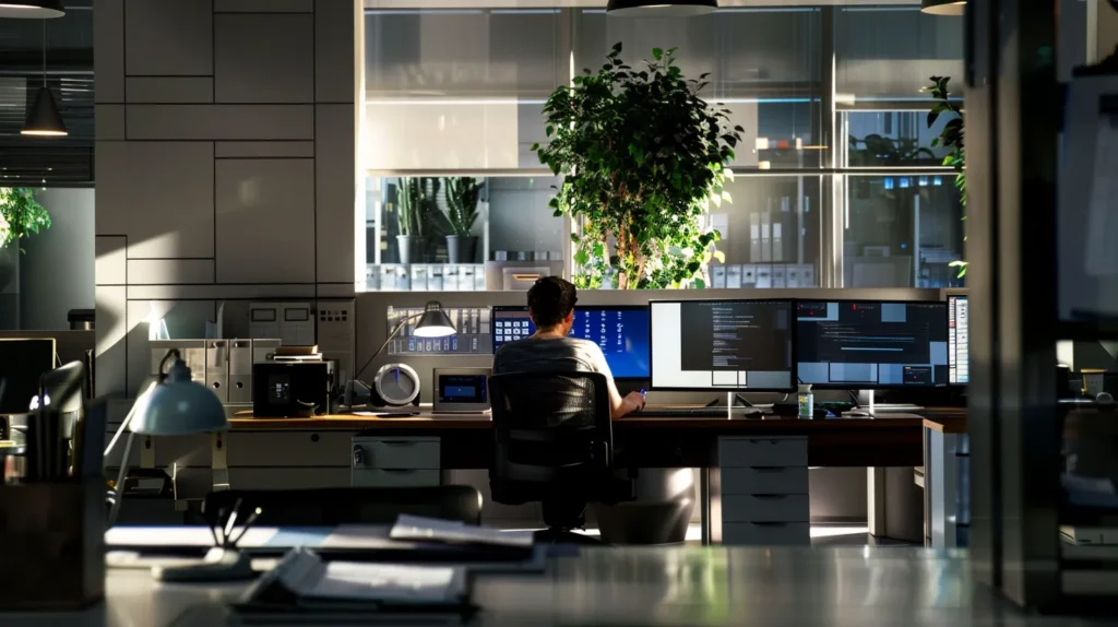 a modern office environment showcases a confident it professional, surrounded by sleek computers and advanced technology, engaged in providing expert support to small business clients.