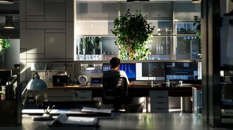 A modern office environment showcases a confident it professional, surrounded by sleek computers and advanced technology, engaged in providing expert support to small business clients.