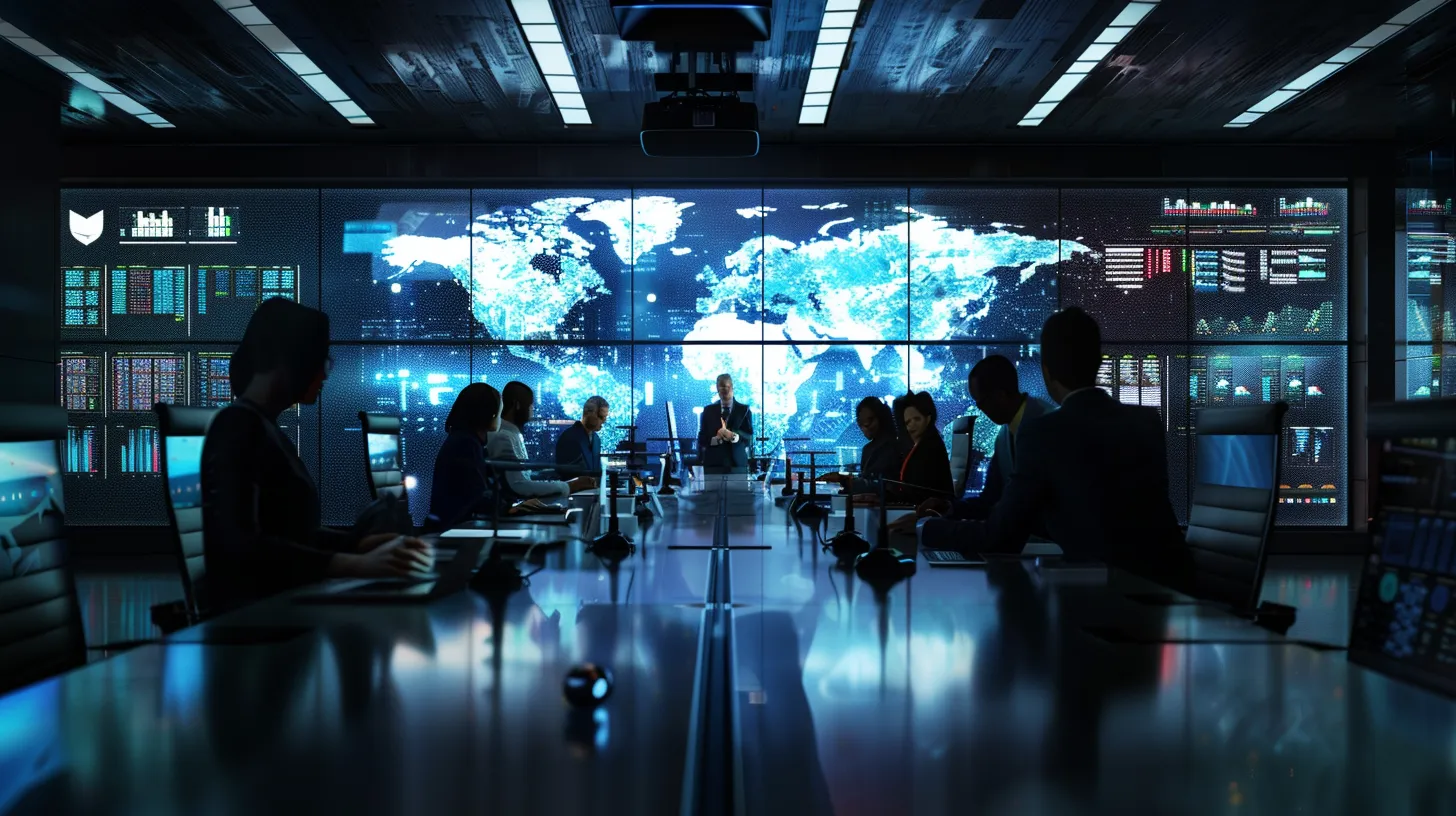 A modern office environment filled with diverse professionals engaged in a strategic discussion around a sleek conference table, bright screens displaying data analytics and it solutions, highlighting the transformative power of outsourced it support.