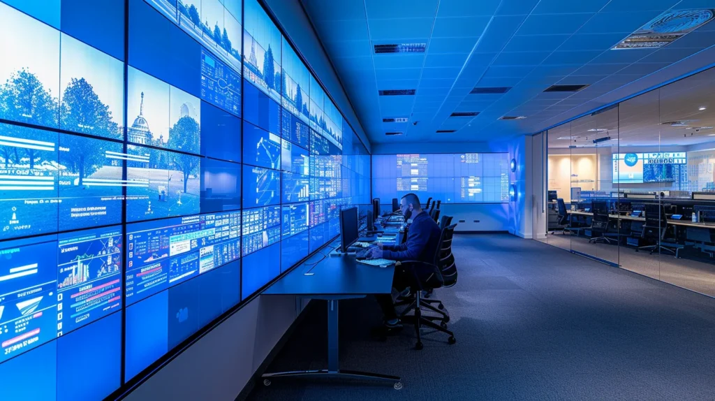 A modern office environment showcases a professional team engaged in a strategic discussion, surrounded by digital displays highlighting key service level agreements and mobile device management solutions, emphasising the critical decision-making in selecting a managed it provider for small businesses.