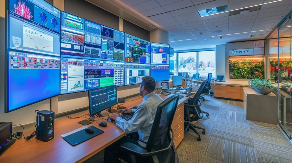 A modern office environment showcases a focused it technician monitoring security protocols on multiple screens, with vibrant visuals of encrypted data flows and cybersecurity graphics highlighting the importance of protecting remote access for small businesses.