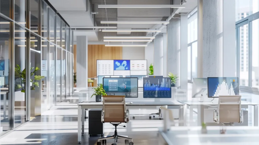 A modern office environment showcases a sleek setup with multiple screens displaying dynamic data analytics and ai-driven insights, illustrating the future of outsourced it support in a vibrant, technologically advanced atmosphere.