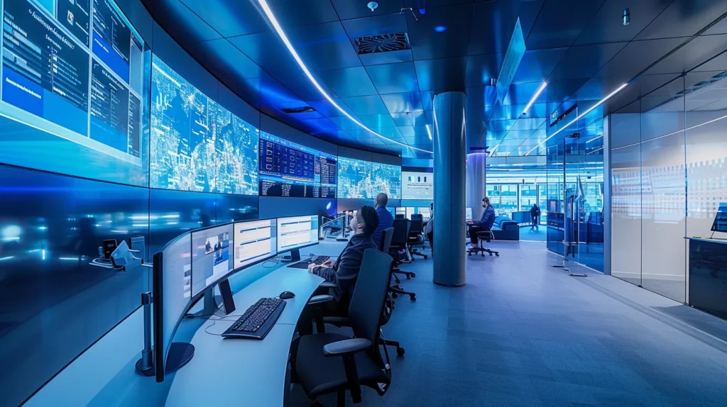 A modern office scene showcases a diverse team engaged in a collaborative meeting, surrounded by advanced technology and digital displays emphasising tailored it support solutions for small enterprises.