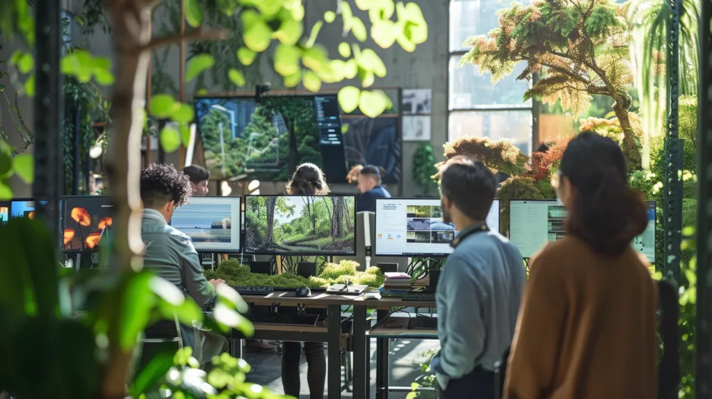 A modern office setting features a diverse group of entrepreneurs collaboratively engaging with cutting-edge digital technology, surrounded by sleek monitors displaying data analytics and innovative software solutions, symbolising the evolution of small businesses embracing it advancements for future growth.