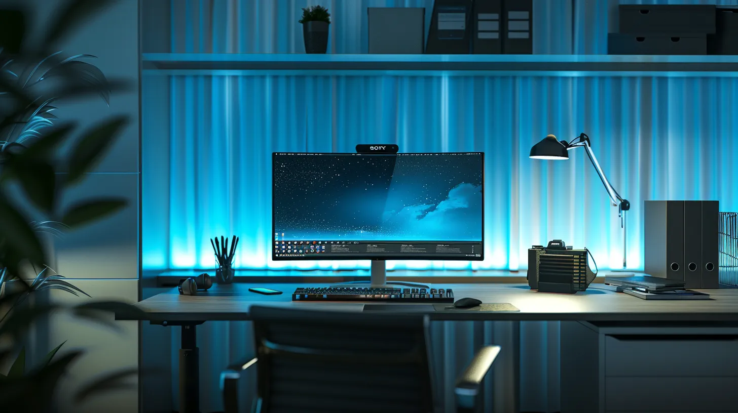 A modern office setting showcases a sleek computer workstation with advanced cybersecurity software displayed on the screen, illuminated by a faint blue glow, symbolising the protection of sensitive data for small businesses.