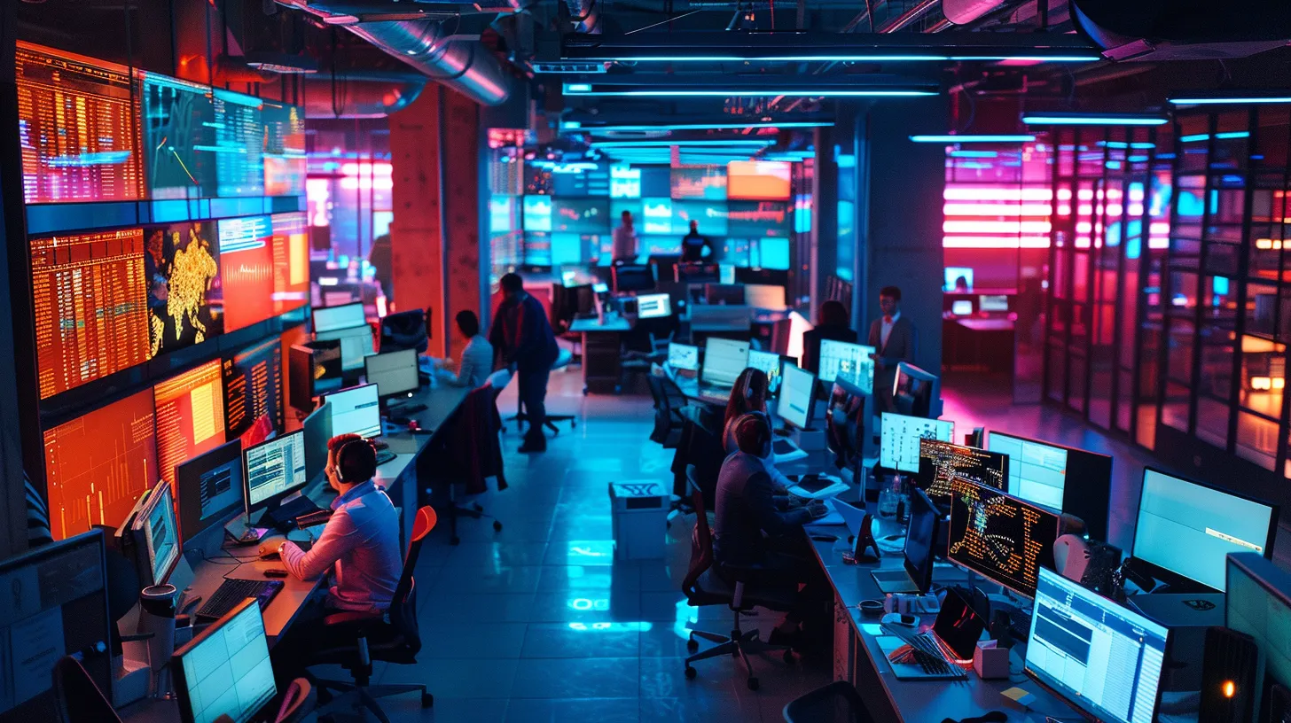 A modern office space bustling with professionals collaborating over laptops, illuminated by vibrant screens displaying cloud service interfaces, symbolising enhanced efficiency in small business operations.