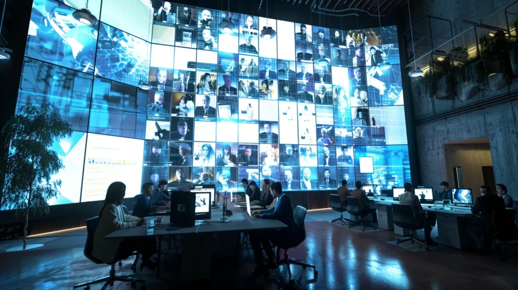 A modern office space illuminated by sleek overhead lights showcases a diverse team intensely engaged in a video conference, analysing data while remote it support icons seamlessly integrate into their digital screens, visually representing enhanced business continuity and customer satisfaction.