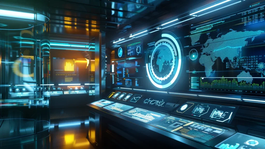 A modern office space showcases a futuristic dashboard displaying real-time data analytics and cloud performance metrics, emphasising the transformative impact of edge computing and hybrid cloud strategies on small business efficiency.