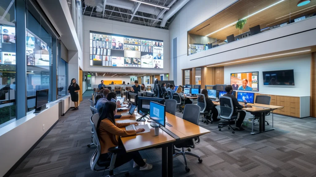 A modern office space showcases a diverse team engaged in a video conferencing session, focused on their computers displaying remote it assistance tools and communication protocols, illuminated by bright, efficient artificial lighting.