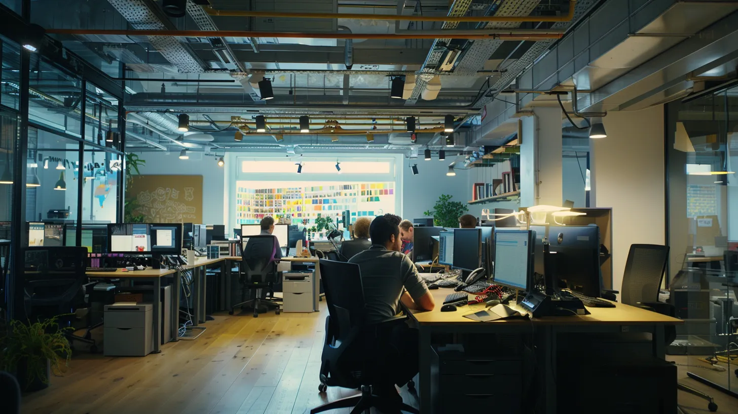 A modern office workspace bustling with activity, featuring a diverse team of professionals engaged in animated discussions over digital devices and collaborative tech setups, highlighting the dynamic energy of a thriving it consultancy.