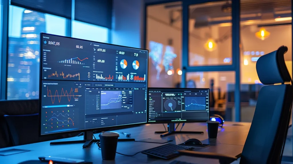 A modern office workspace, equipped with sleek technology and collaborative tools, showcases a diverse team engaged in remote meetings and data analysis, symbolising the transformative impact of cloud computing on small business operations.
