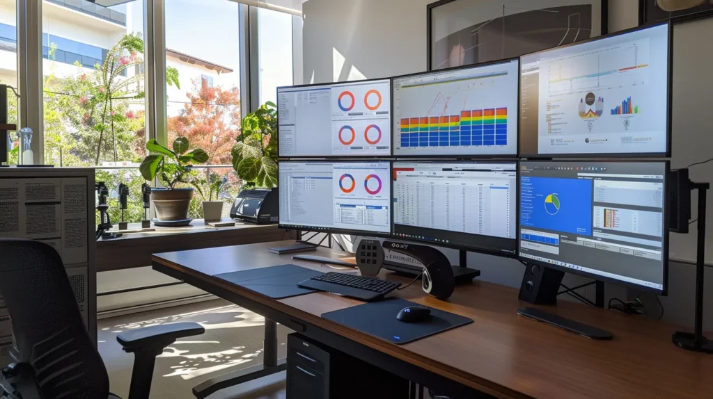 A modern office workspace features a sleek computer setup displaying data backup software, with a large digital screen illustrating backup schedules and a confident business professional engaged in a discussion on data management strategies.