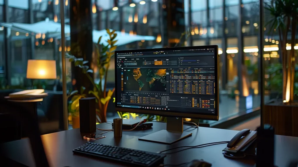 A modern office workspace features a sleek computer monitor displaying a detailed software interface for remote it assistance, surrounded by focused team members engaged in collaborative discussions to enhance server management efficiency.