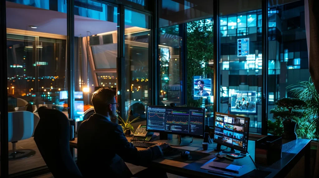 a modern office workspace is illuminated by vibrant leds, showcasing a sleek desktop computer displaying a remote it support interface, with a confident small business owner discussing solutions over a video call.