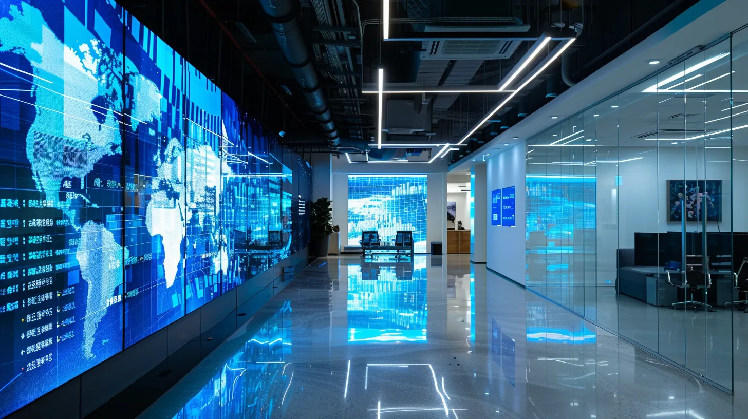 A modern, sleek office with vibrant digital displays showcasing evolving it data, conveying the essence of managed it solutions empowering small businesses towards success.