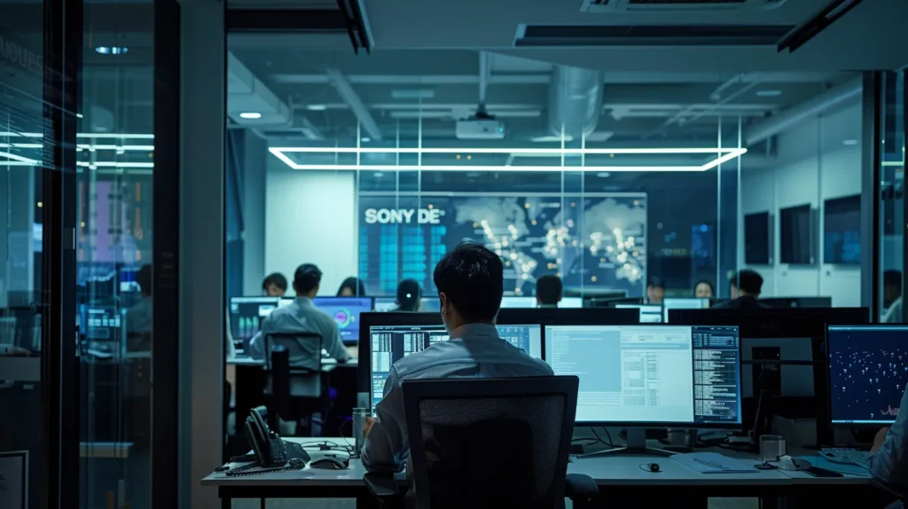 A professional office environment bustling with activity, featuring engaged employees at sleek workstations, focused on resolving it issues with high-tech monitors displaying network analytics and cloud solutions, creating an atmosphere of efficiency and innovation.