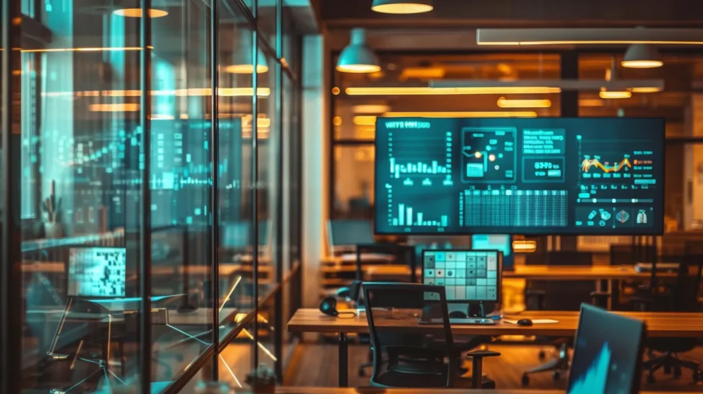 A professionally designed modern office interior is filled with advanced cybersecurity equipment, featuring a large screen displaying cyber threat analytics, emphasising the critical importance of robust digital security measures for small businesses.