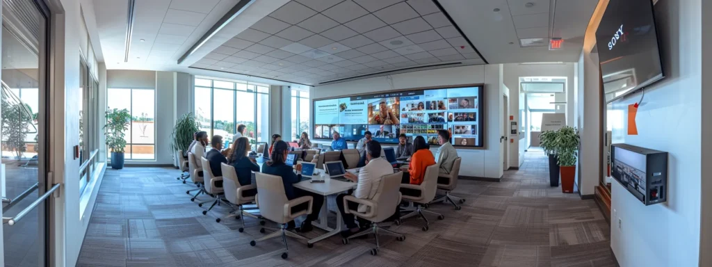 A sleek, modern office conference room is bustling with animated discussions, showcasing a diverse group of professionals engaged in a presentation about successful it support services, with glowing testimonials displayed on a large screen.