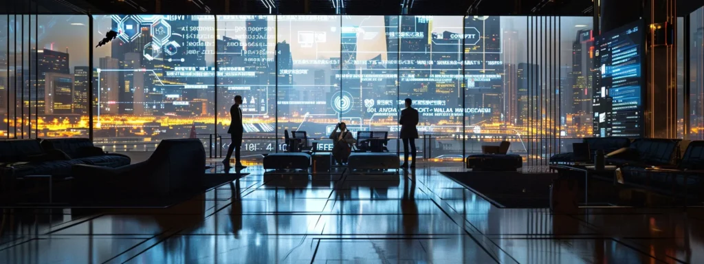 A sleek, modern office environment showcases a diverse team engaged in a strategic discussion about it support services, with digital screens displaying network security metrics and infrastructure plans in the background.