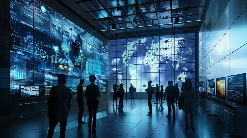 A sleek, modern office environment showcases a diverse group of professionals engaged in a dynamic discussion around a digital display, highlighting innovative cloud security solutions and their impact on small businesses amidst a backdrop of high-tech equipment and data visuals.