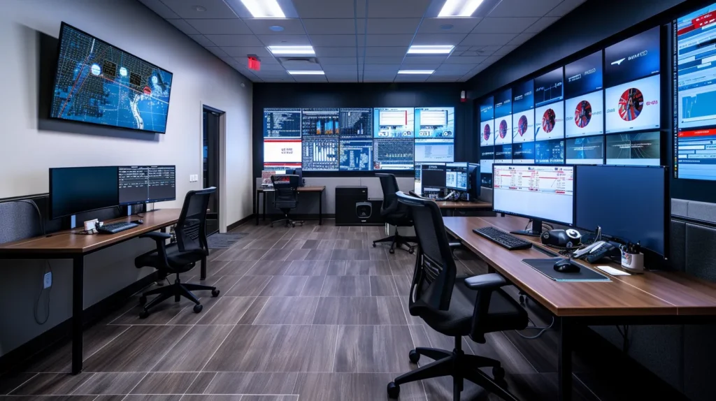 a sleek, modern office environment showcases a small business team engaged in a dynamic cybersecurity strategy session, surrounded by high-tech monitors displaying vibrant data visuals and network security analytics.