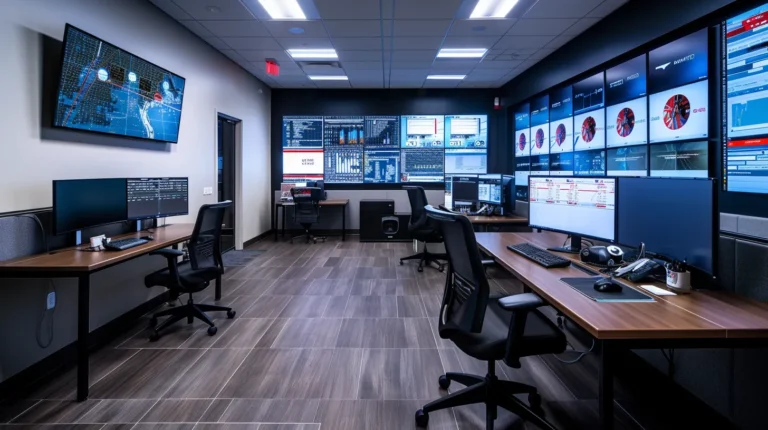 A sleek, modern office environment showcases a small business team engaged in a dynamic cybersecurity strategy session, surrounded by high-tech monitors displaying vibrant data visuals and network security analytics.