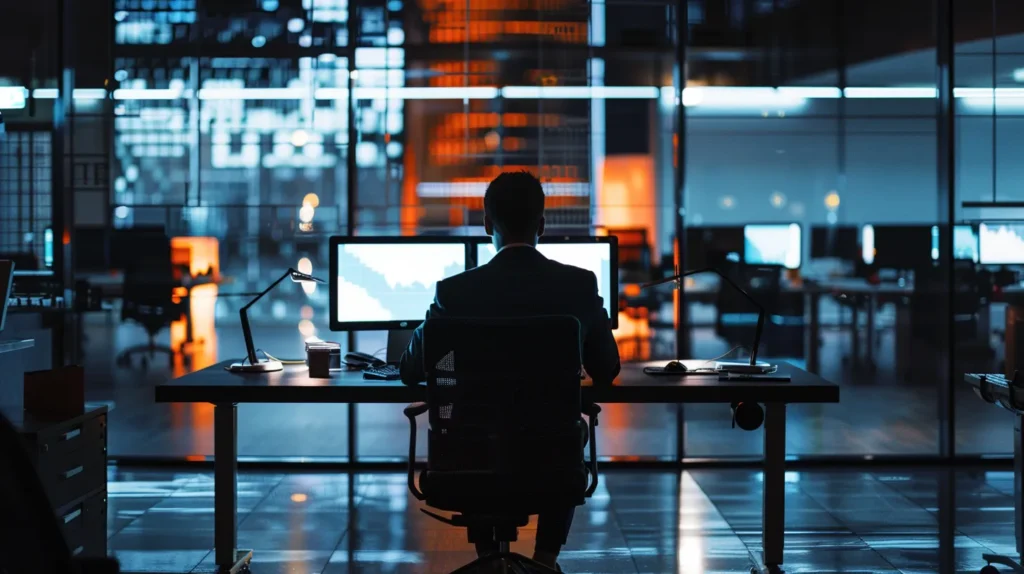 A sleek modern office featuring a focused it technician at a dual-screen setup, engaging in a virtual support session while a small business team collaborates nearby, highlighting the seamless integration of technology for remote assistance.