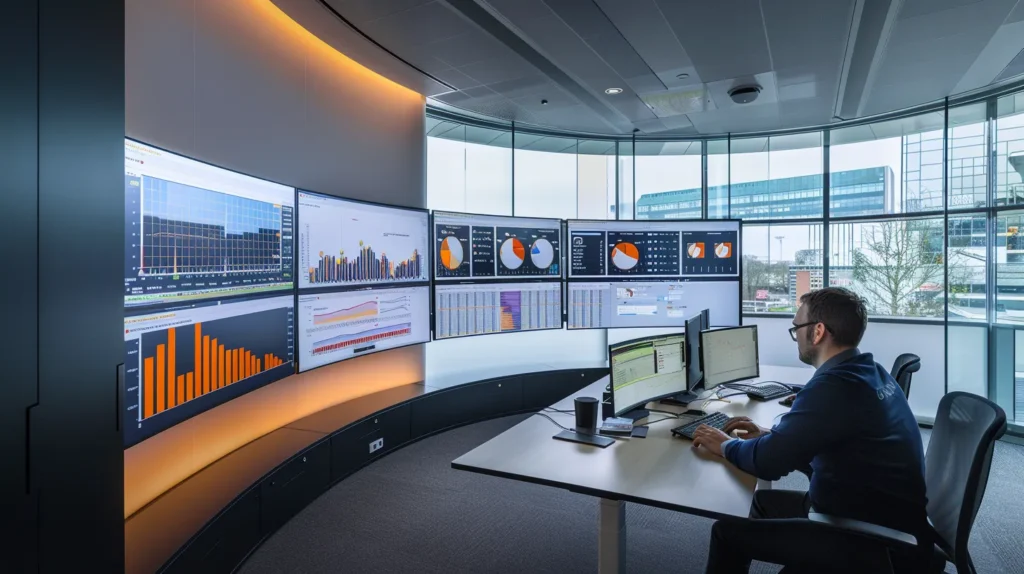 A sleek, modern office filled with sophisticated technology, showcasing a professional deep in thought as they analyse data on multiple screens, surrounded by visual graphs highlighting the critical need for robust data backup solutions for small businesses.