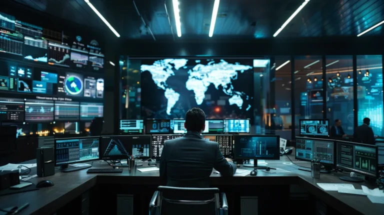 A sleek, modern office filled with high-tech equipment and digital security interfaces, showcasing professionals engaged in a dynamic strategy session to safeguard their business data with urgency and focus.