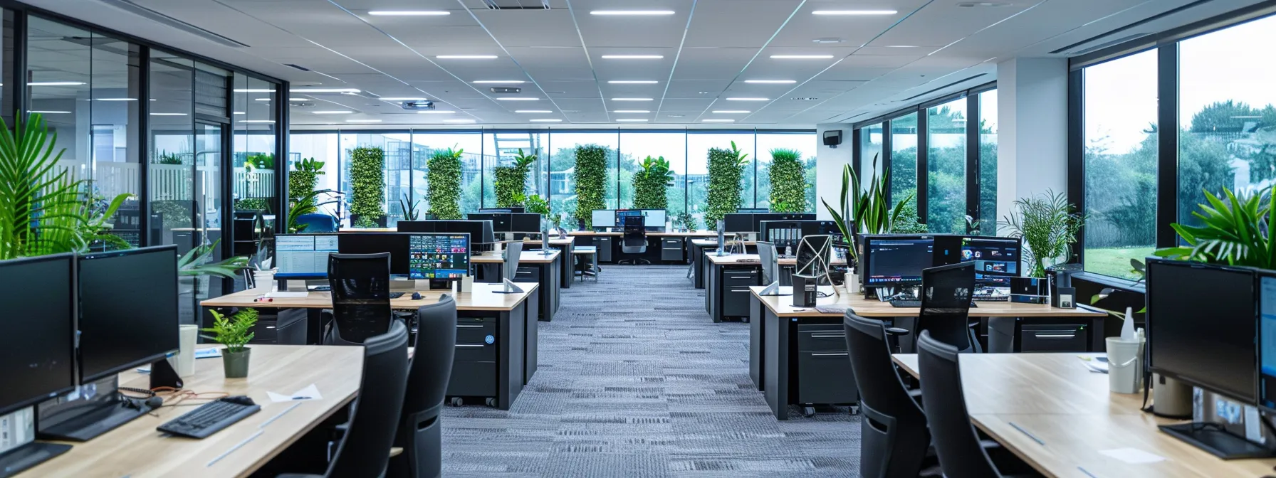 A sleek, modern office in st albans, featuring a large professional workspace with multiple computer screens displaying intricate it support dashboards, illuminated by vibrant led lighting to emphasise a dynamic tech environment.