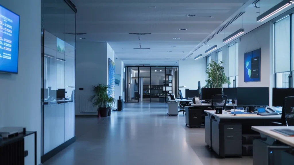 A sleek, modern office interior showcases a high-tech security operations centre, with multiple monitors displaying real-time cybersecurity analytics, emphasising the critical importance of robust data protection for small businesses.