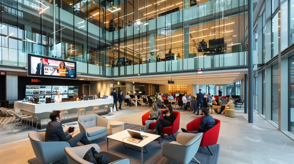 A sleek, modern office setting showcases a diverse group of business professionals engaged in a dynamic discussion, with a digital presentation highlighting the benefits of cost-effective managed it solutions, emphasising clarity and collaboration.