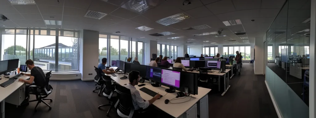 A sleek, modern office space filled with focused professionals collaborating around high-tech devices, illustrating the dynamic influence of it support services on business efficiency in st albans.