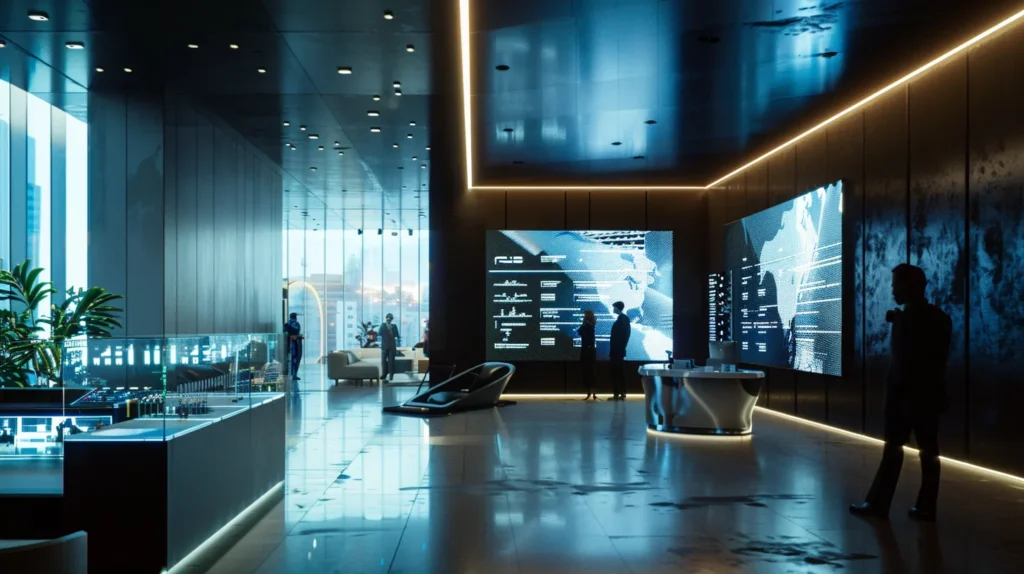 A sleek, modern office space features an interactive digital display showcasing innovative data storage solutions, with professionals engaged in a discussion about automating backup processes and enhancing information security through advanced technology.