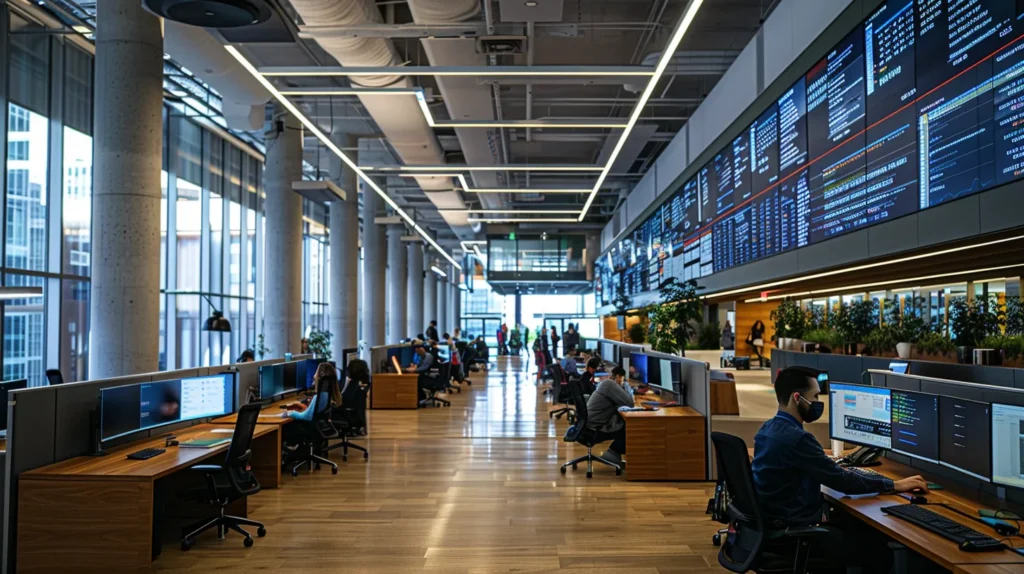 A sleek, modern office space filled with engaged employees attentively collaborating over digital dashboards displaying cybersecurity training metrics and feedback, illuminated by bright, focused overhead lighting.